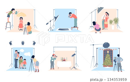 Photoshoot with photographer. People taking photos for blog or marketplace. Studio photography for family album, memories, recent vector scenes 134353959