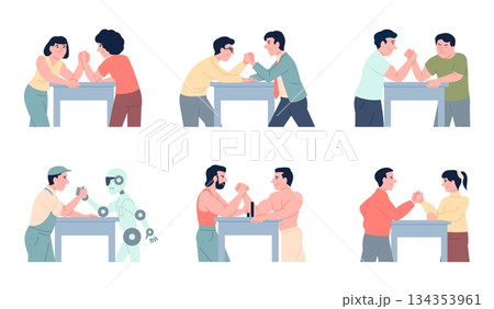 Arm wrestling struggle. Male female fight each other. People and robot armwrestling, competition and business metaphor of success, recent vector set Arm wrestling struggle. Male female fight each other. People and robot armwrestling, competition and business metaphor of success, recent vector set 134353961