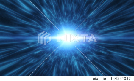 Blue glowing energy tunnel with bright light center and flowing plasma textures 134354037