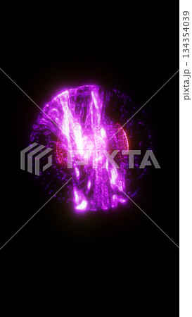 Futuristic glowing skull made of purple energy and particles, symbolizing power and digital transformation 134354039