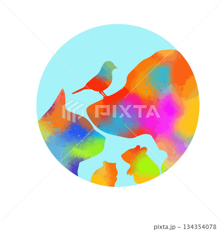 Veterinary clinic logo featuring pet colored silhouettes. Hand drawn. Not AI, vector illustration. Veterinary clinic logo featuring pet colored silhouettes. Hand drawn. Not AI, vector illustration. 134354078
