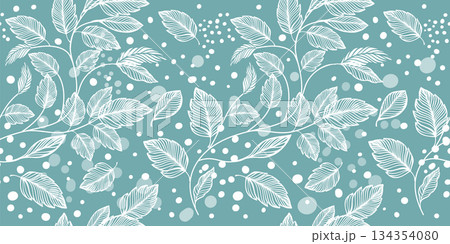 Seamless pattern of white leaves on a blue background with snow. Hand drawn. Not AI, vector illustration. Seamless pattern of white leaves on a blue background with snow. Hand drawn. Not AI, vector illustration. 134354080