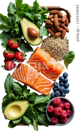 The image shows a composition of nutrient-rich foods that are often grouped together in healthy eating categories 134354093