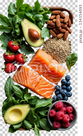 The image shows a composition of nutrient-rich foods that are often grouped together in healthy eating categories 134354093