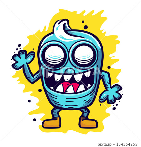 Cheerful Cartoon Blue Monster Waving Hello with Yellow Splash Background (AI Generated) Cheerful Cartoon Blue Monster Waving Hello with Yellow Splash Background (AI Generated) 134354255