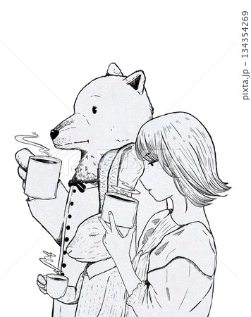 コーヒー休憩中の女の子とうさぎとくま コーヒー休憩中の女の子とうさぎとくま 134354269