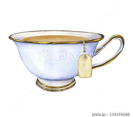 Porcelain Cup of tea with tea bag. Watercolor illustration of tea in blue antique cup isolated on white background. Vintage mug for english afternoon tea ceremony party or breakfast. Hand drawn teacup Porcelain Cup of tea with tea bag. Watercolor illustration of tea in blue antique cup isolated on white background. Vintage mug for english afternoon tea ceremony party or breakfast. Hand drawn teacup 134354286