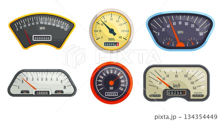 Retro speedometers. Vintage classic car speedometer, odometer tachometer control panel analogue dashboard speed fuel gauge arrow temperature indicator kicky vector illustration 134354449
