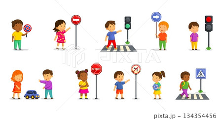 Kids traffic rules. School children road cross safety, child pedestrian on crosswalk zebra city traffic education cartoon kid holding sign, crossroad rule kicky vector illustration 134354456