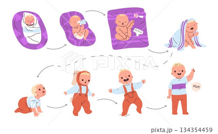 Baby growth stages. Newborn infant development process, growth stages first step movement progress born to toddler cute child character age cycle cartoon classy vector illustration 134354459
