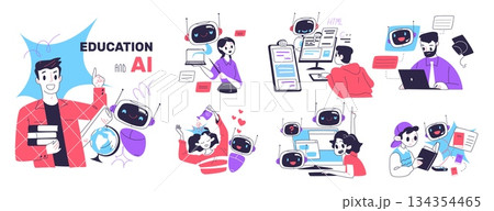 Ai education people. Child students study with artificial intelligence, school teacher learning robot chat bot digital data technology computer brain, classy vector illustration 134354465