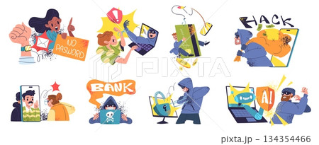 People internet scam. Hacker fraud cyber security crime, phone call scammer online phishing data digital money thief ai deepfake cybersecurity cheat, classy vector illustration 134354466
