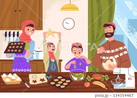 Muslim family cooking. Arab people cook food together on dining table kitchen interior, islamic ramadan meal arabic mother father parents with children, classy vector illustration 134354467