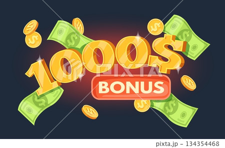 1000 dollars bonus. Falling coins prize cartoon background, one thousand dollar flying golden coin cash casino jackpot money gift finance marketing text, neat vector illustration 134354468