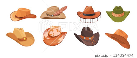 Cartoon cowboy hats. Western cowboys hat, wild west traditional american headgears cowgirl leather vintage texas fashion headwear sheriff cap, rodeo ranch neat vector illustration 134354474