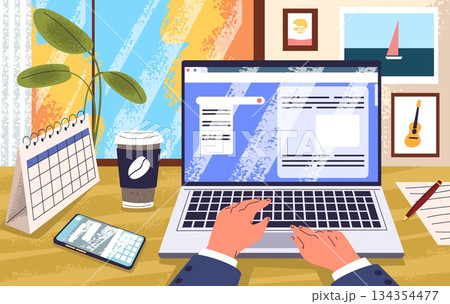 Laptop work desk. Hands typing on computer keyboard in home office workplace, business working freelancer desk notebook pc screen on table room interior classy vector illustration Laptop work desk. Hands typing on computer keyboard in home office workplace, business working freelancer desk notebook pc screen on table room interior classy vector illustration 134354477