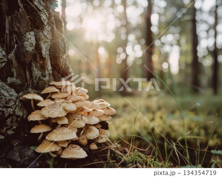 Luminous mushrooms cluster at the base of a tree in a sun-drenched forest, an enchanting scene of nature's resilience and beauty. Luminous mushrooms cluster at the base of a tree in a sun-drenched forest, an enchanting scene of nature's resilience and beauty. 134354719