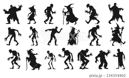 Zombie silhouette set. Monsters monochrome set, Monster witch sorceress skeleton vampire werewolf Halloween dark horror shadow evil fairytale fantasy fictional character vector illustration 134354802