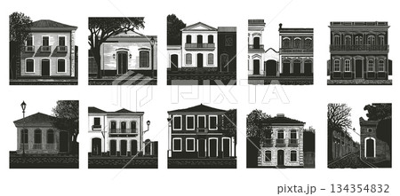 House facades engraving. House vintage facade set, urban classic stone wooden 2-story arch street drawing ink sketch vector illustration 134354832