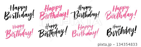 Happy Birthday text. Handwritten black pink font congratulations birthday, calligraphy manuscript card design letter ink brush drawing vector illustration 134354833