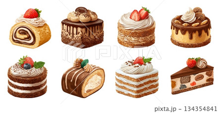 dessert Realistic set. Cake, biscuit layers cake roll chocolate cream strawberry bakery menu pastries sweets calories vector illustration 134354841