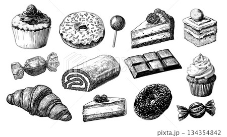 Dessert engraving set. Sweets cupcake candy chocolate donut cheesecake roll croissant drawing, food baked goods vector illustration 134354842