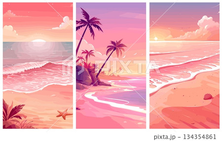 Beach pink cartoon background. Seascape sunset, sand coastline summer vacation tropical resort palm trees ocean surf waves set vector illustration 134354861