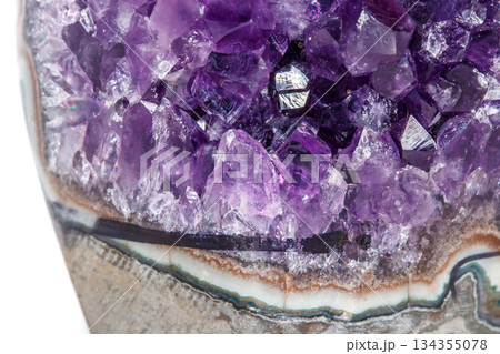 Amethyst Crystal Druse macro mineral on white background Amethyst Crystal Druse macro mineral on white background 134355078