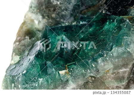 Macro mineral stone Fluorite on a white background 134355087