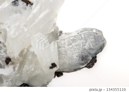 Macro mineral stone Drusus quartz with sphalerite in the rock a white background 134355110