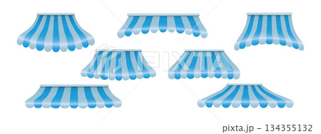 Blue and white striped awning for shop or cafe. Marketplace tent roof and outdoor canopy for retail, restaurant or fair. Vector illustration. 134355132
