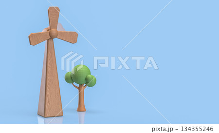 Wooden Wind Turbines and Trees Representing Clean Energy Concept 3d render. 134355246