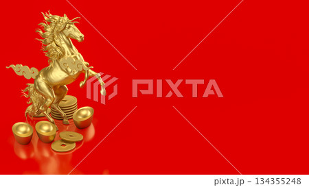 Golden Rearing Horse with Chinese Wealth Symbols on Red 3d render. 134355248