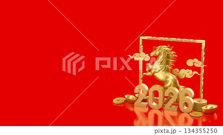 Golden Rearing Horse with 2026 Lunar New Year Elements 3d render. Golden Rearing Horse with 2026 Lunar New Year Elements 3d render. 134355250