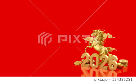 Golden Horse and 2026 Lunar New Year Prosperity Scene 3d render. 134355251