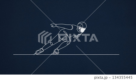 A dynamic graphic illustration captures a speed skater in a powerful racing stance, rendered with elegant white continuous line art on a deep blue textured background, conveying motion and focus. A dynamic graphic illustration captures a speed skater in a powerful racing stance, rendered with elegant white continuous line art on a deep blue textured background, conveying motion and focus. 134355445