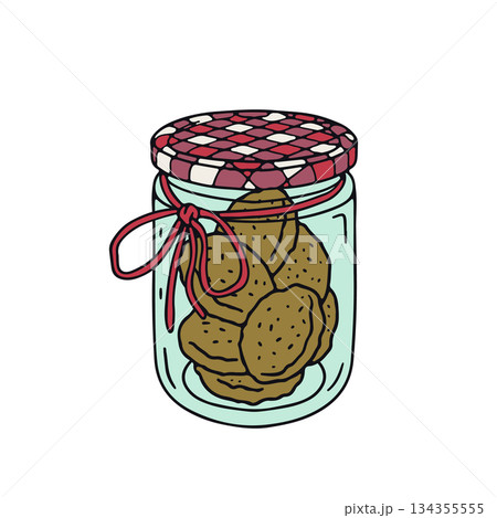 Hand drawn hygge doodle glass mason jar with cookies icon clipart vector illustration 134355555