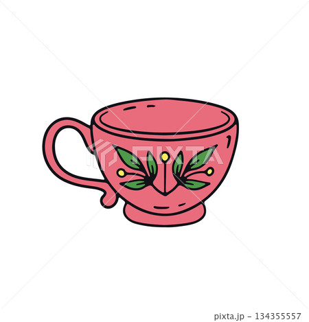 Hand drawn hygge doodle ceramic coffee cup icon vector illustration. Cozy home decor clipart 134355557