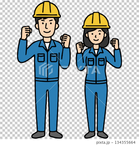 青い作業服とヘルメット姿の男女がガッツポーズで立つイラスト。働く現場の前向きな雰囲気 青い作業服とヘルメット姿の男女がガッツポーズで立つイラスト。働く現場の前向きな雰囲気 134355664