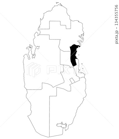 Map of al dayyen municipality in Qatar country on white background. single municipality map highlighted by black colour on Qatar map. Map of al dayyen municipality in Qatar country on white background. single municipality map highlighted by black colour on Qatar map. 134355756