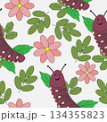 Seamless repeating pattern with cute smiling caterpillars, flowers, and leaves in soft pastel colors. Perfect for kids textiles, nursery decor, fabric, wallpaper, and wrapping paper. Seamless repeating pattern with cute smiling caterpillars, flowers, and leaves in soft pastel colors. Perfect for kids textiles, nursery decor, fabric, wallpaper, and wrapping paper. 134355823