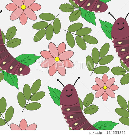 Seamless repeating pattern with cute smiling caterpillars, flowers, and leaves in soft pastel colors. Perfect for kids textiles, nursery decor, fabric, wallpaper, and wrapping paper. Seamless repeating pattern with cute smiling caterpillars, flowers, and leaves in soft pastel colors. Perfect for kids textiles, nursery decor, fabric, wallpaper, and wrapping paper. 134355823