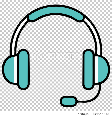 黒と青のヘッドセット、ヘッドホンが通話待機するアイコン風イラスト　案内や相談窓口 134355848