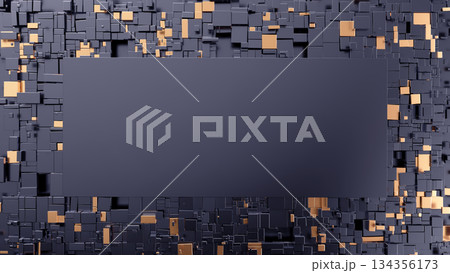 "Elegant Geometry: A Dark Background with Gold and Black 3D Cubes" 134356173