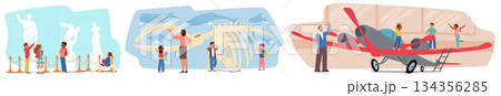 Teachers guiding school kids at excursion in museums and art galleries isolated cartoon scene set 134356285