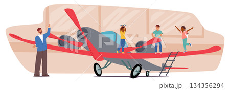 School teacher guiding children at museum of aviation with ancient aircraft exhibits cartoon scene 134356294