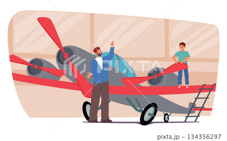 Man teacher leading educational excursion for schoolchild at museum of aviation cartoon scene Man teacher leading educational excursion for schoolchild at museum of aviation cartoon scene 134356297