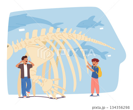 Curious little schoolchildren characters enjoying guided tour to oceanographic museum cartoon scene Curious little schoolchildren characters enjoying guided tour to oceanographic museum cartoon scene 134356298