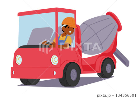 Cute little boy child cartoon character operating concrete mixer heavy machinery isolated on white Cute little boy child cartoon character operating concrete mixer heavy machinery isolated on white 134356301