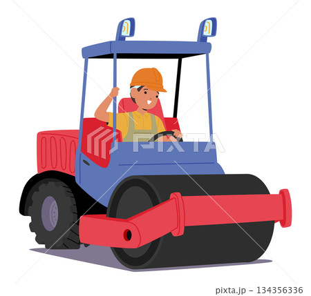 Cute boy isolated cartoon child character wearing hard hat operating asphalt paver machine 134356336